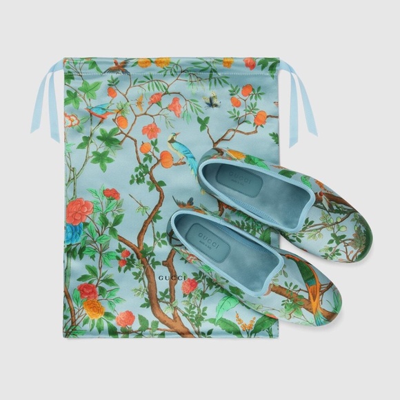 GUCCI  Women's Tian print slipper in blue silk satin - Picture 1 of 12